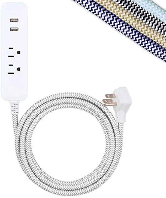 TAURKENAM TAURKENAM Power Strip Surge Protector 2 Outlets 2 USB 10 Ft Braided 2.4A Gray/White 41691 — product photo