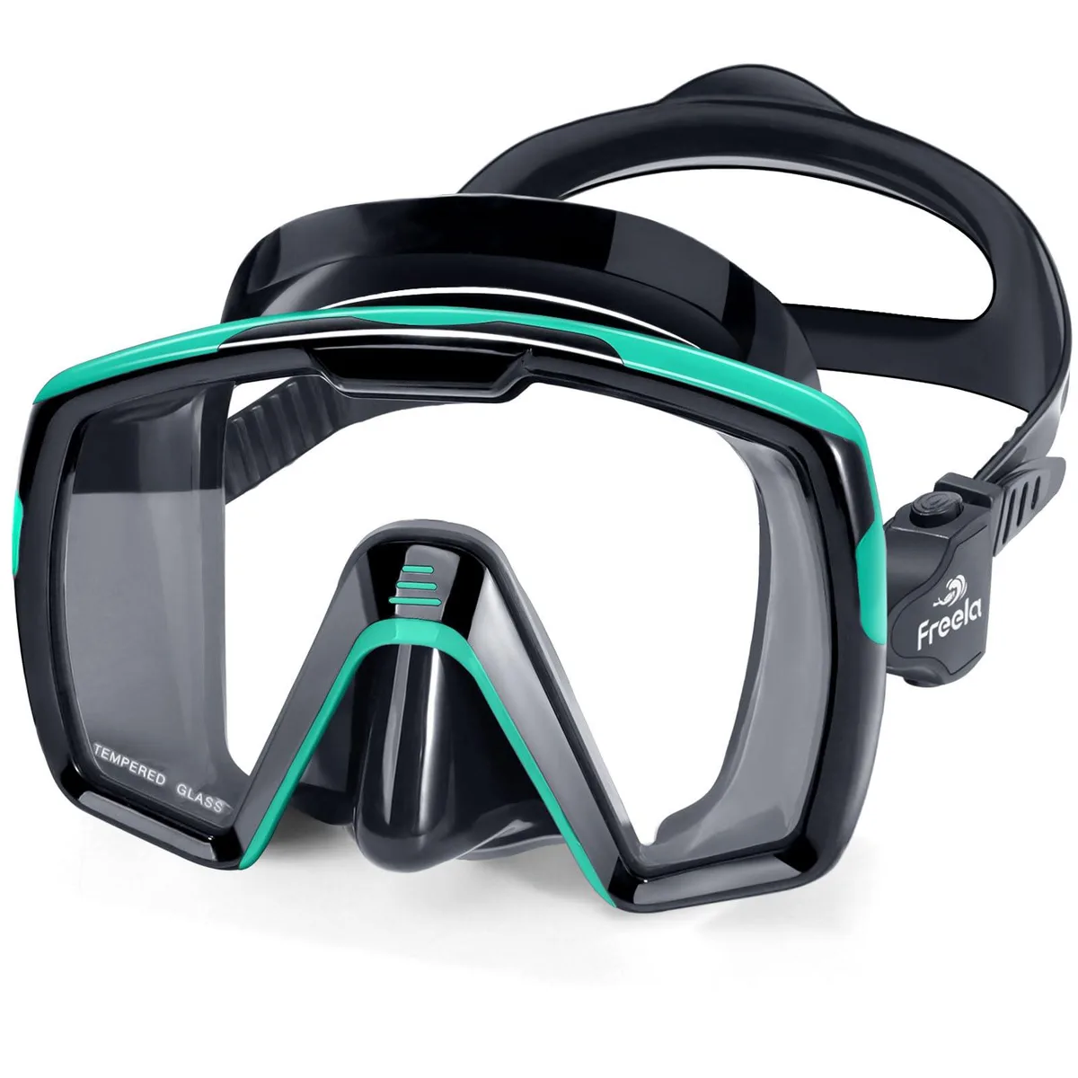 Green single-lens swimming mask with integrated nose cover