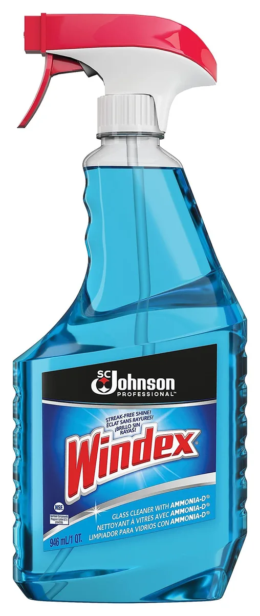 Blue 32 oz spray bottle of Windex glass cleaner model 90139