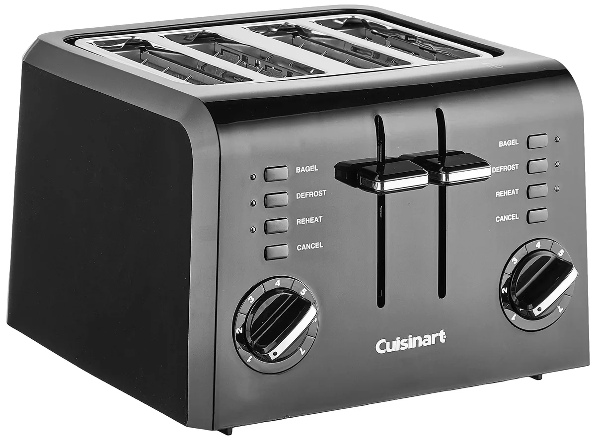 Black plastic 2-slice toaster with stainless accents, 1.5-inch slots and high-lift lever