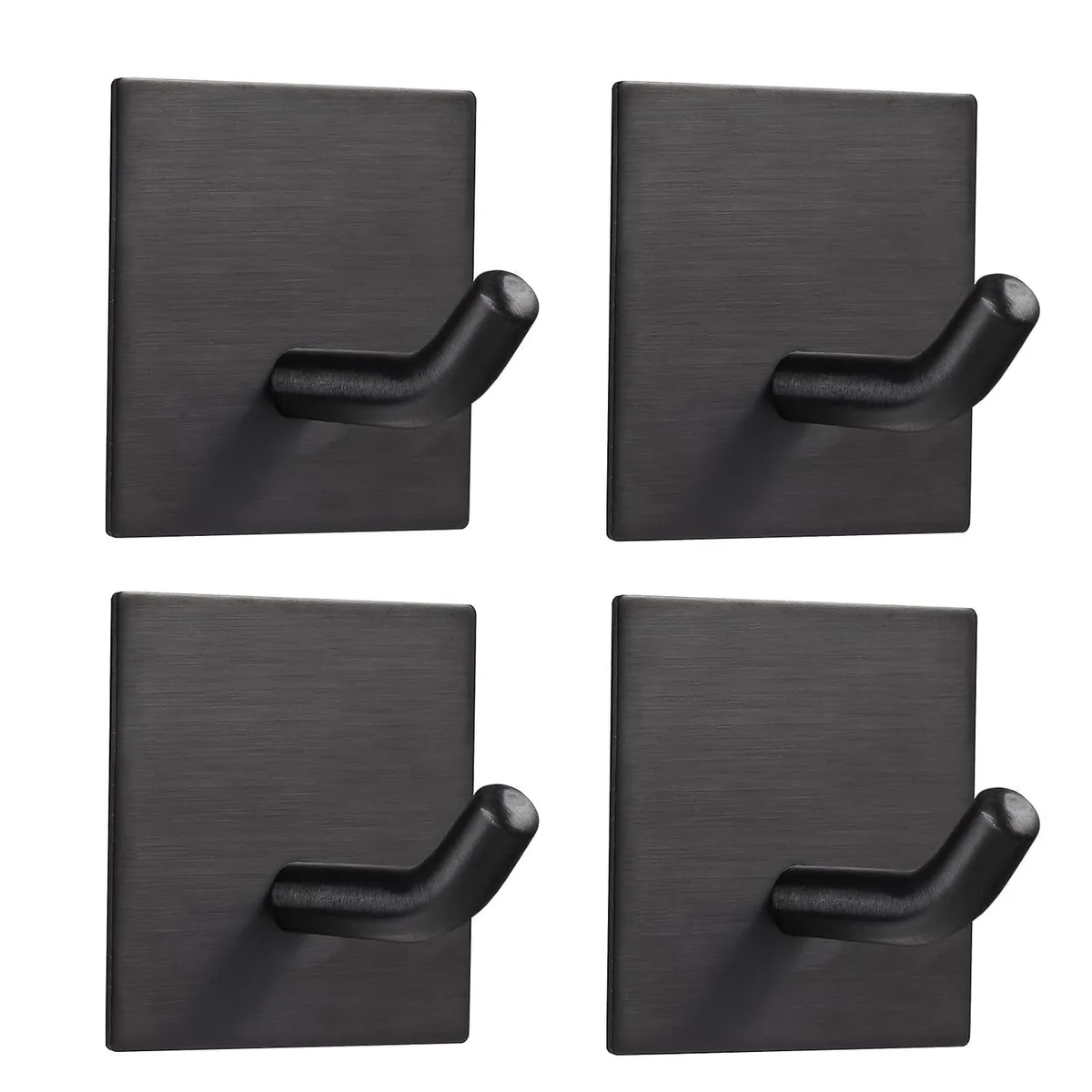 Four black stainless steel adhesive hooks with curved ends, square bases, 1.77 by 1.77 inches