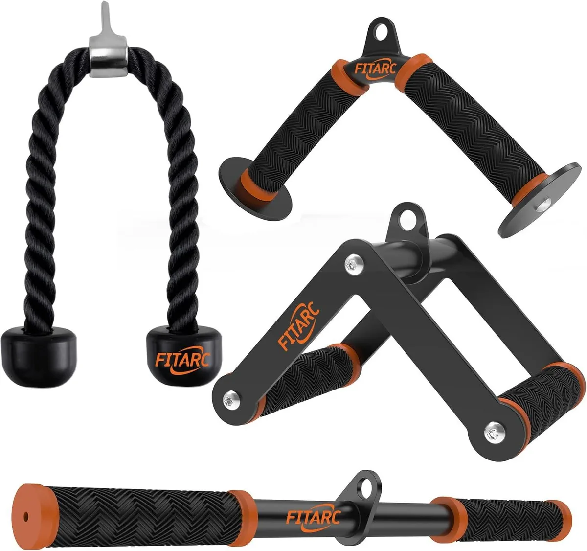 Four matte black cable attachments with orange accent strips and textured rubber grips including V bar double D handle tricep rope