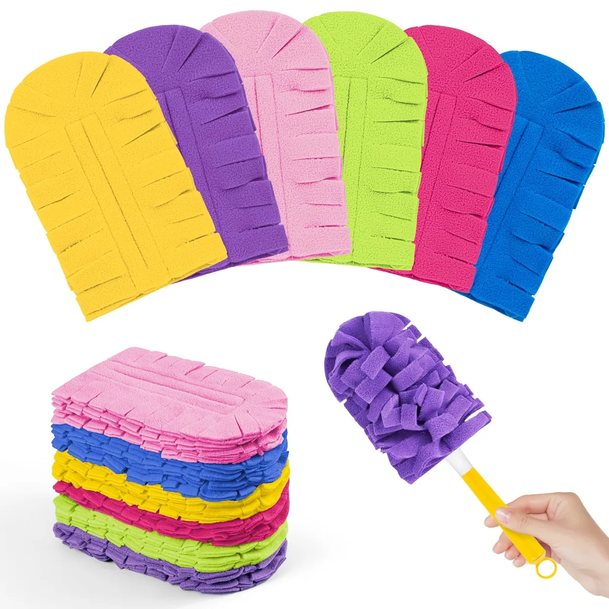 Twelve colourful microfibre duster refills with a handle, soft fleece finish