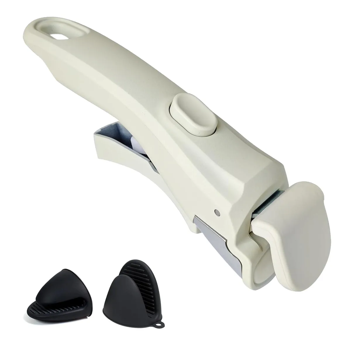 Cream-white detachable pan handle with press-button clamp and two silicone oven mitts