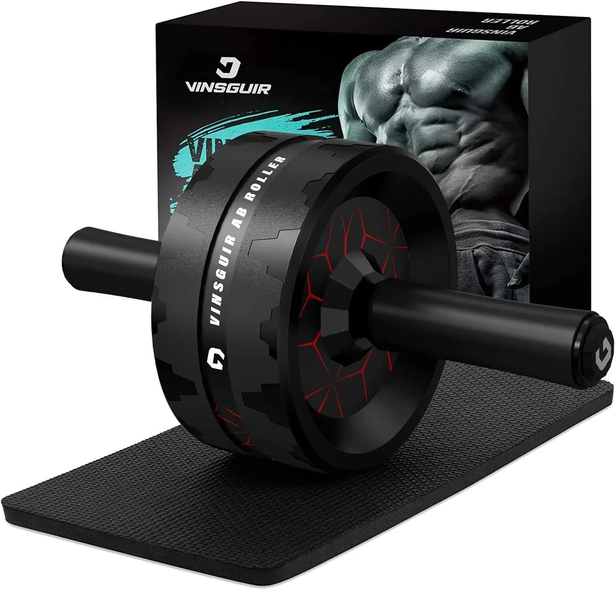 Black dual-wheel ab roller with knee pad, 3.2 inch wheels