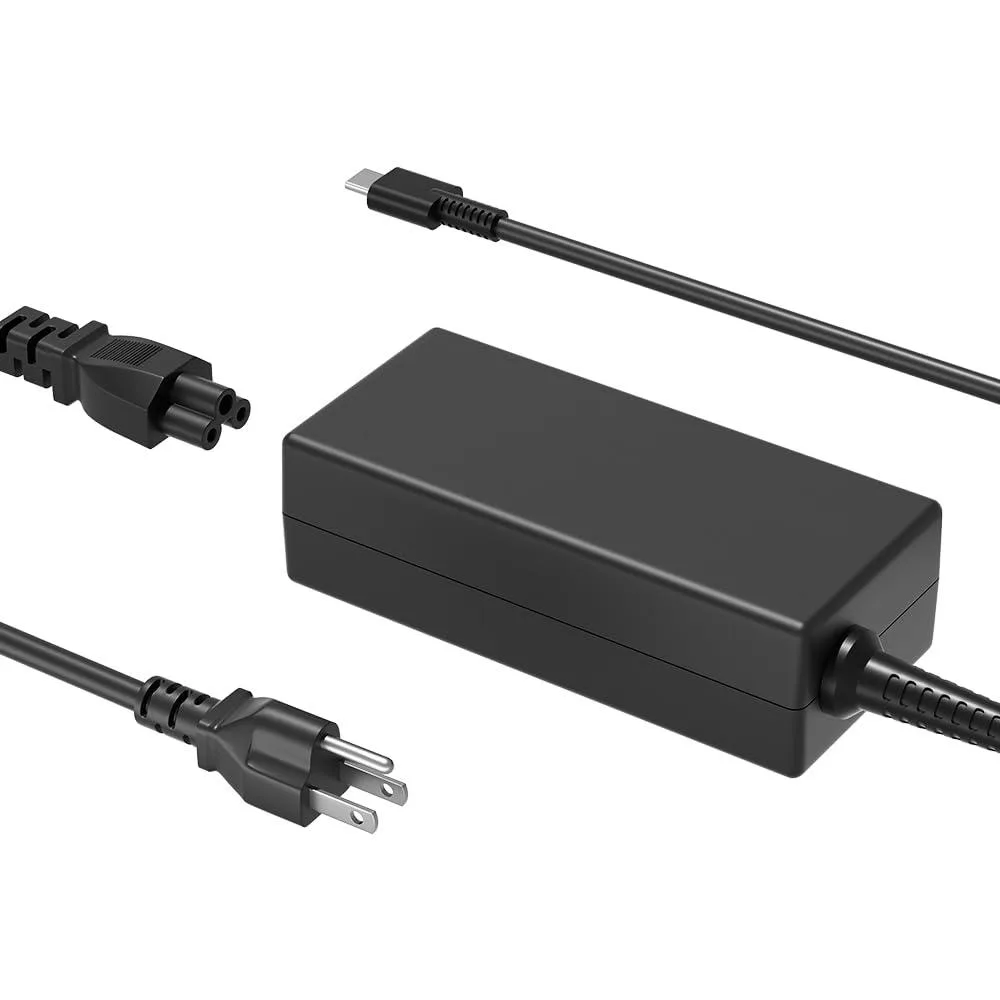 Compact black USB-C laptop charger with detachable cable