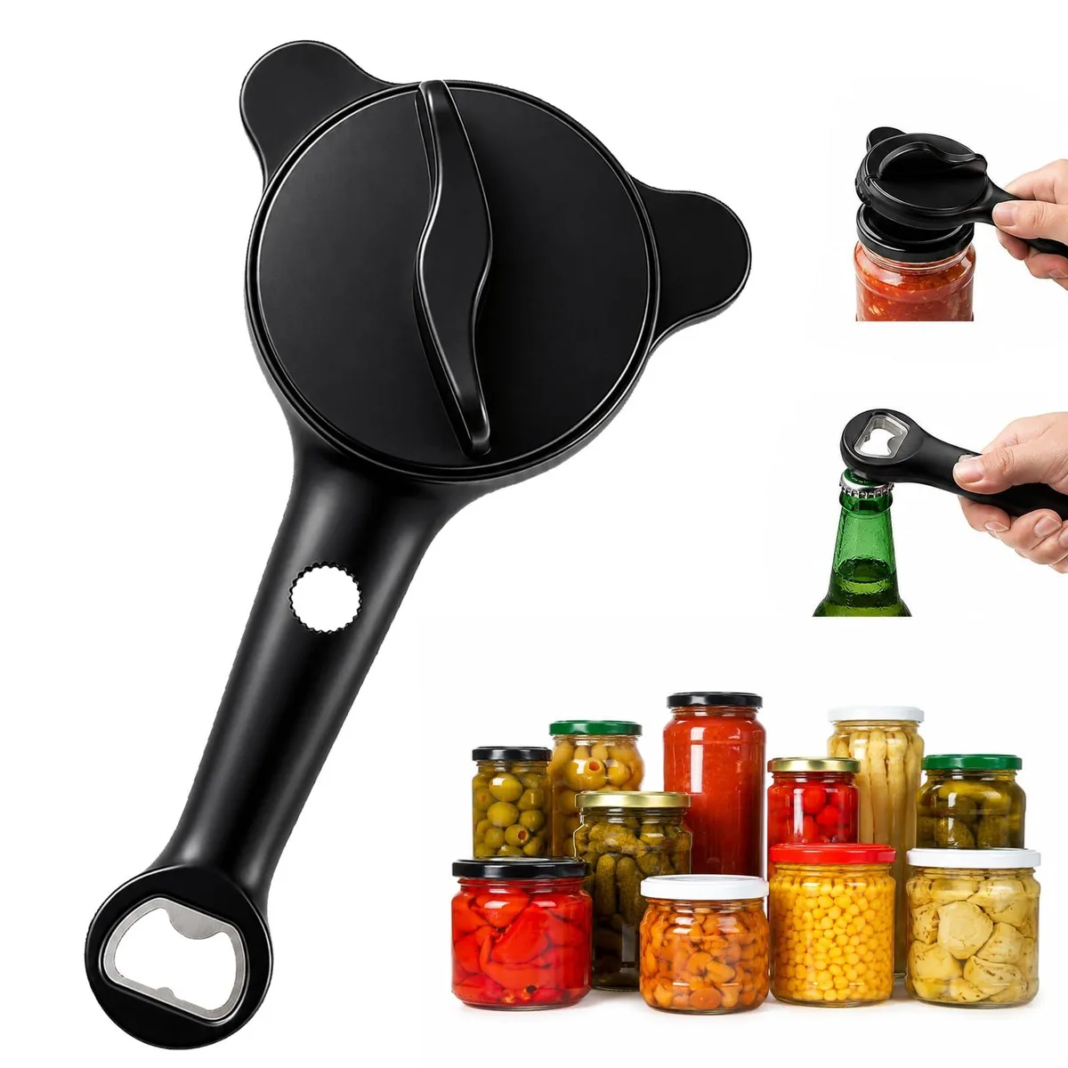 Black stainless steel adjustable jar opener with ergonomic handles
