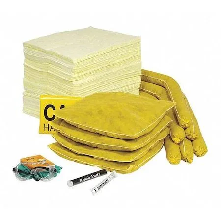 Yellow box containing 100 absorbent pads, pillows, socks and PPE for spill response