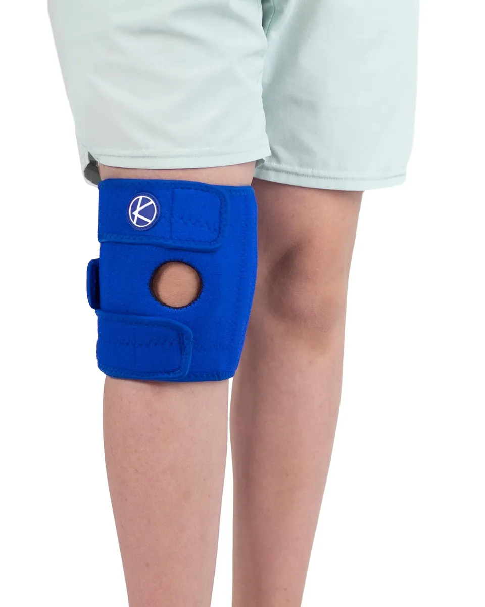 Blue fabric knee brace with open patella and three adjustable straps