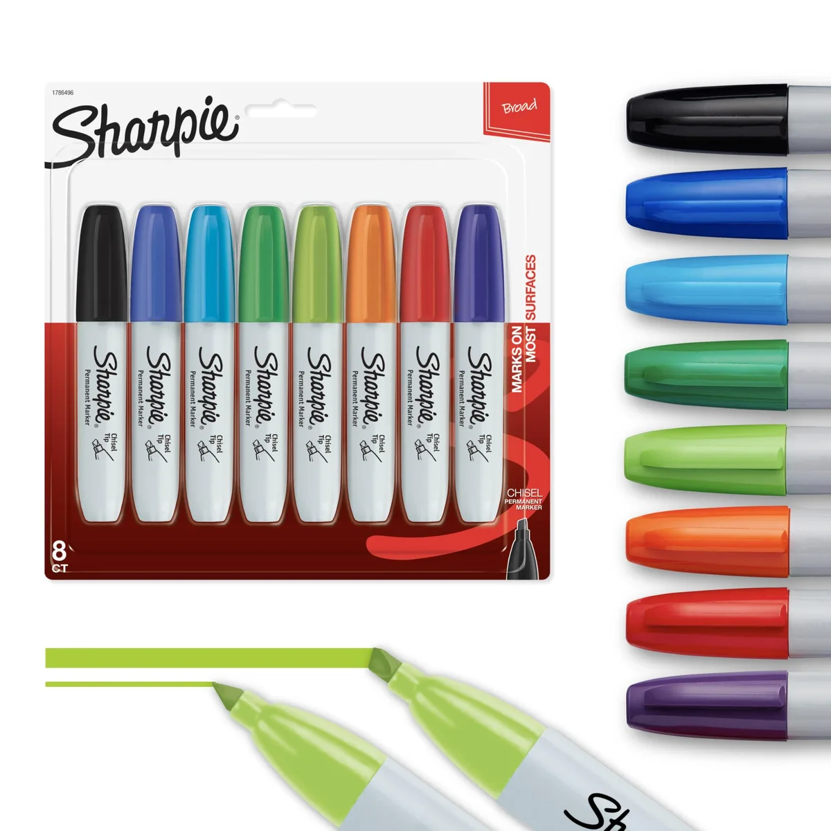 Boxed set of eight Sharpie chisel-tip permanent markers in assorted colours