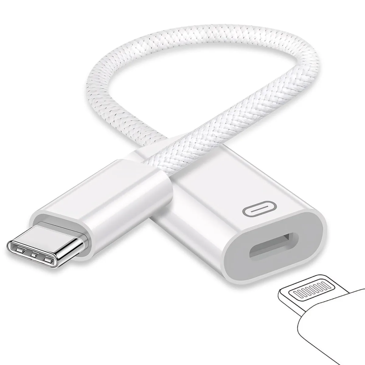 White USB-C to Lightning audio adapter, 4.6 in long, aluminium shell