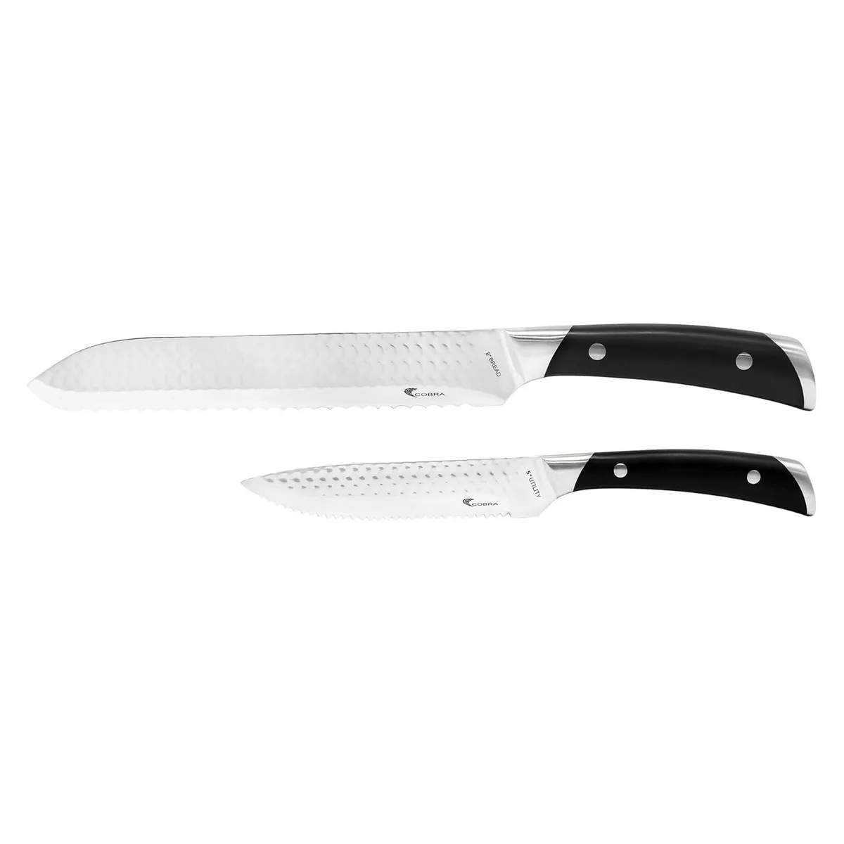 Two kitchen knives with textured blades in a case