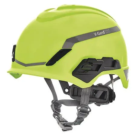 Yellow polyethylene climbing hard hat with ratchet suspension