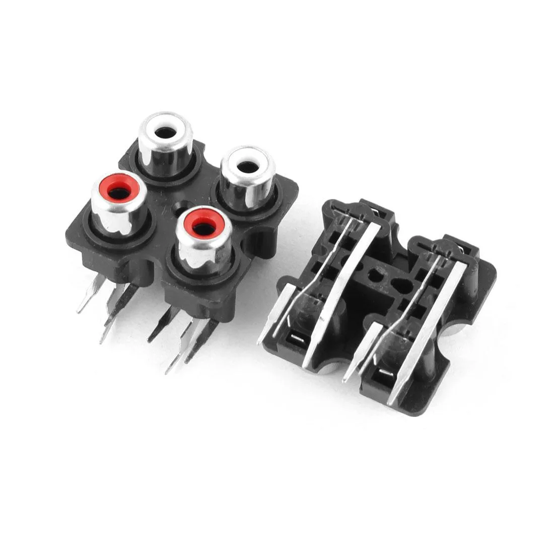 Two silver metal panels each holding four red and black RCA sockets