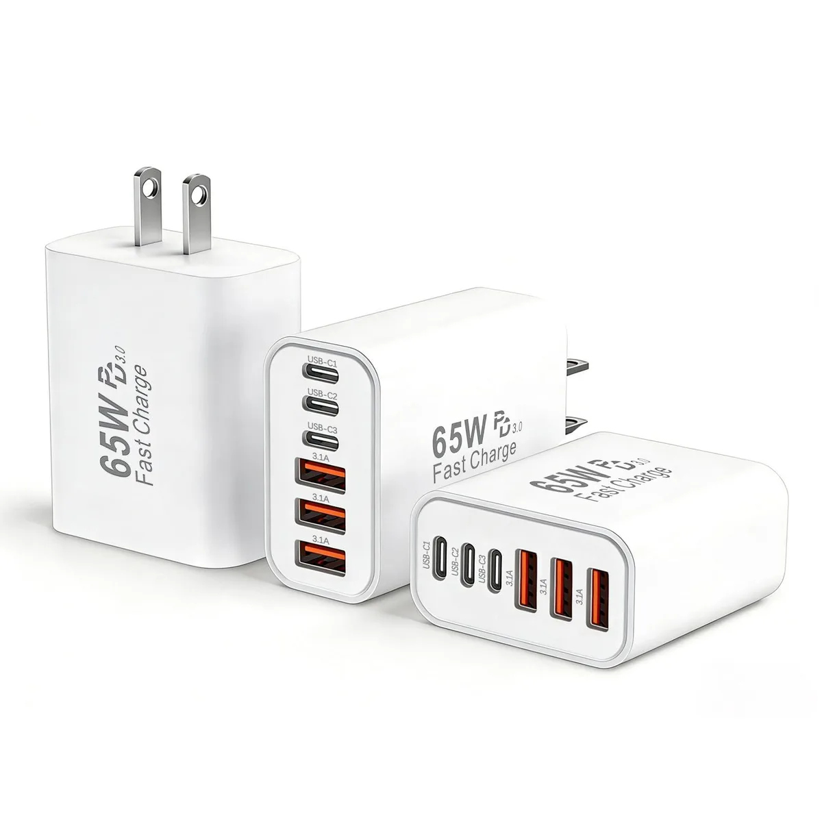 Three white cube chargers each with three USB-C and three USB-A ports