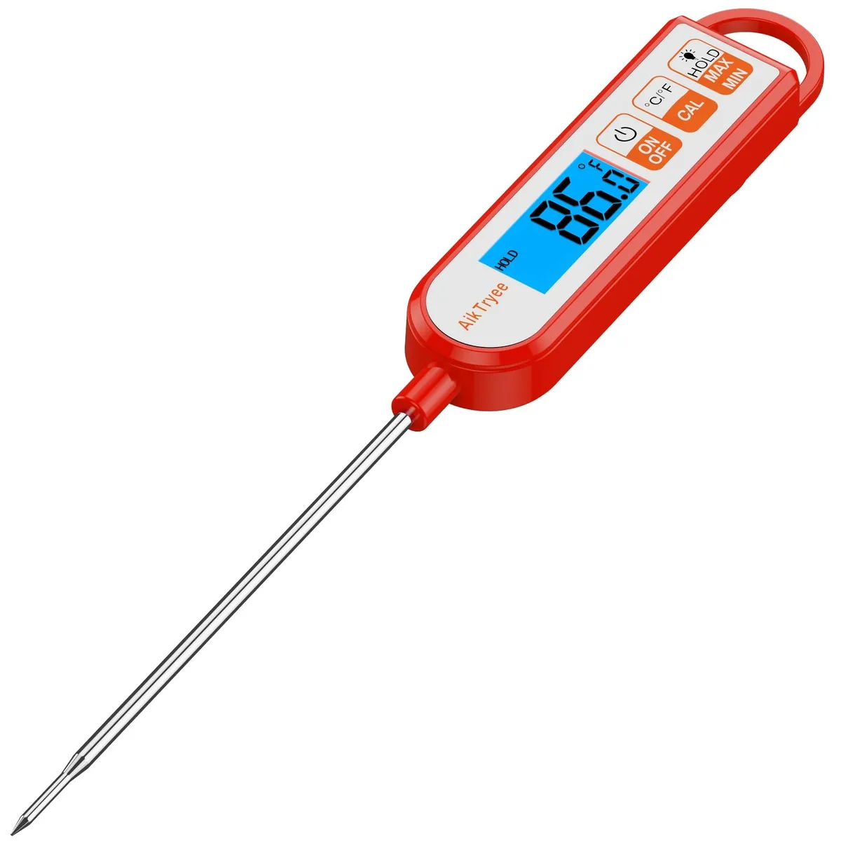 Red digital instant-read thermometer with long stainless steel probe