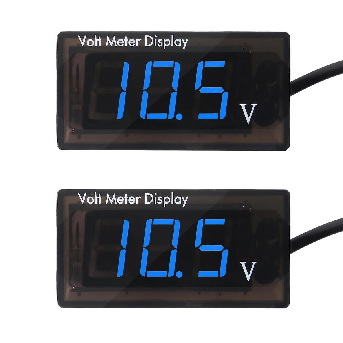 Two small rectangular digital voltmeters with blue three-digit LED displays and red and black wiring