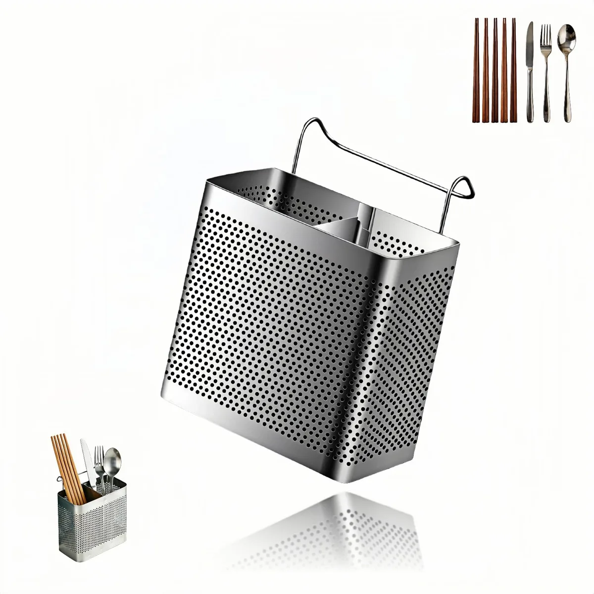 Brushed stainless steel utensil holder, two compartments, J-hook on back, perforated sides and bottom