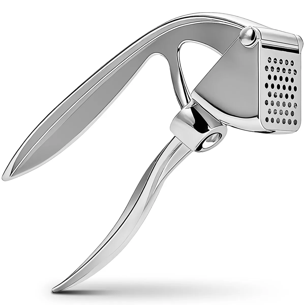 Silver stainless steel garlic press with curved ergonomic handles