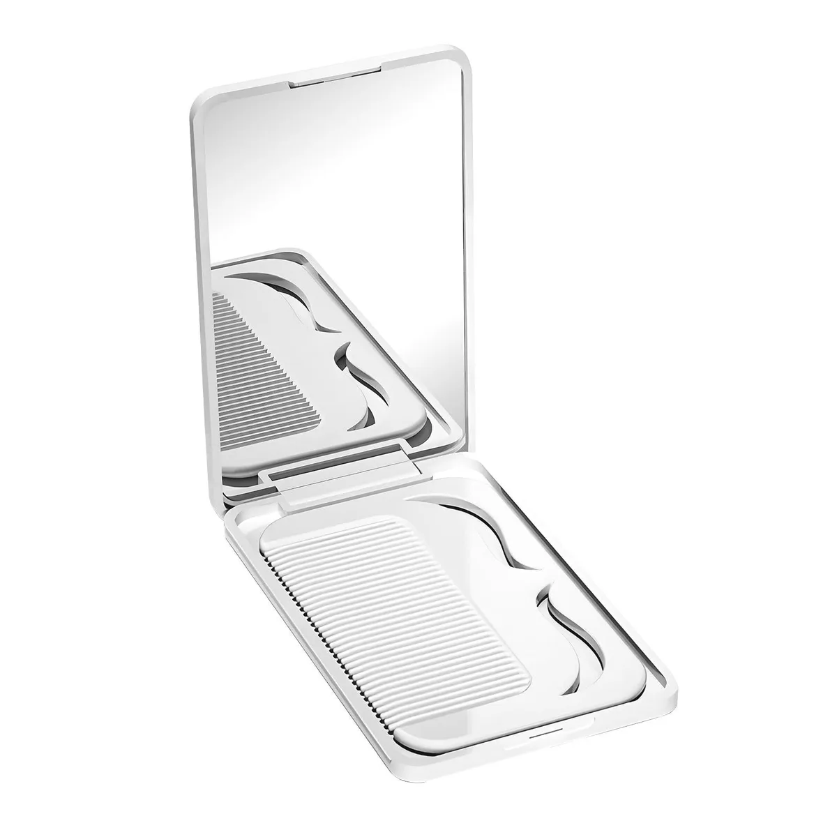 White square folding mirror 3.9 by 2.7 inches with button hinge and attached comb