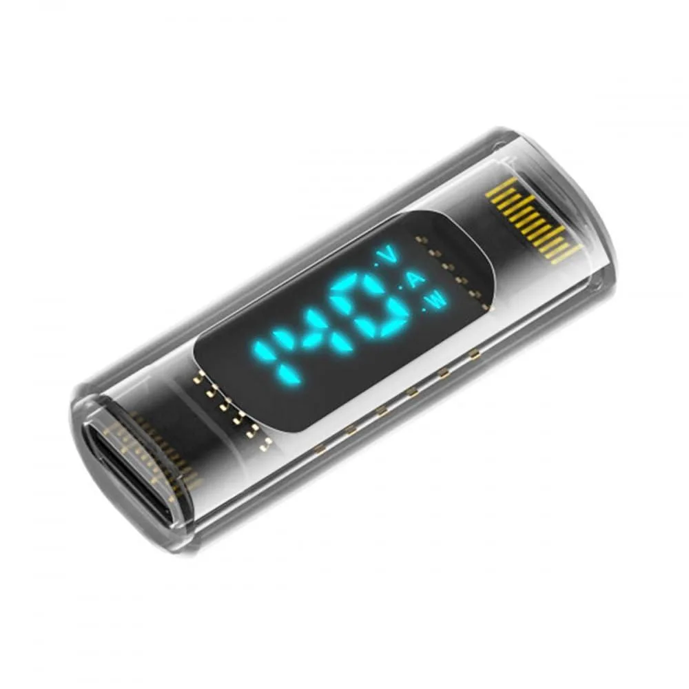 Transparent USB-C female-to-female adapter with LED display showing voltage current power