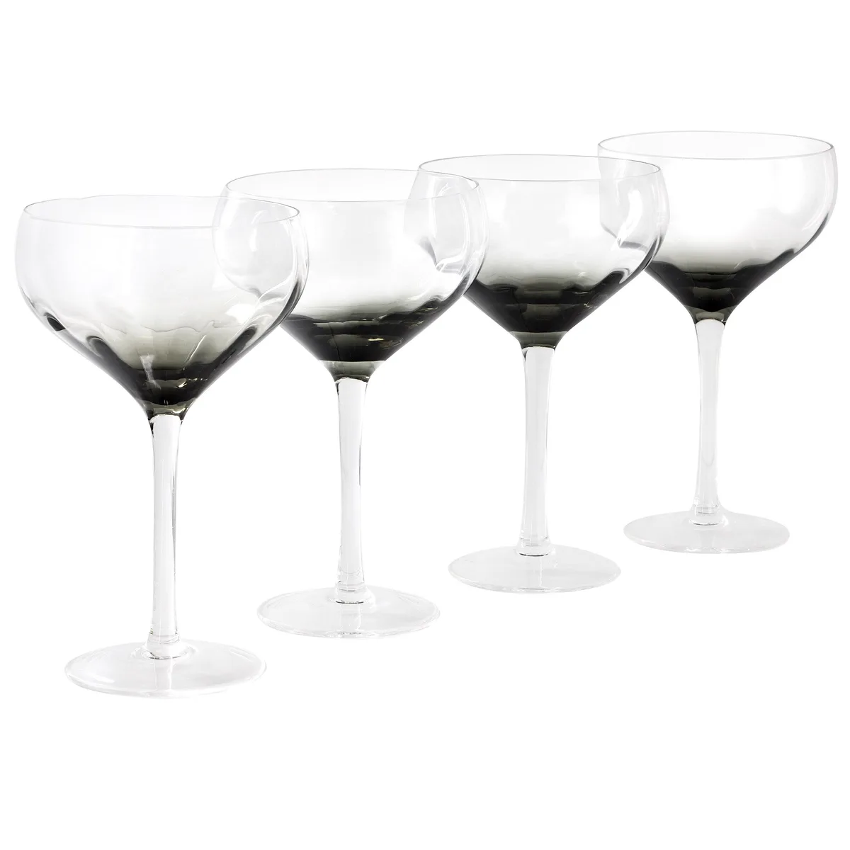 Four handmade optic coupe glasses in smoke black with clear stems, embossed strip detail, 12.2oz each