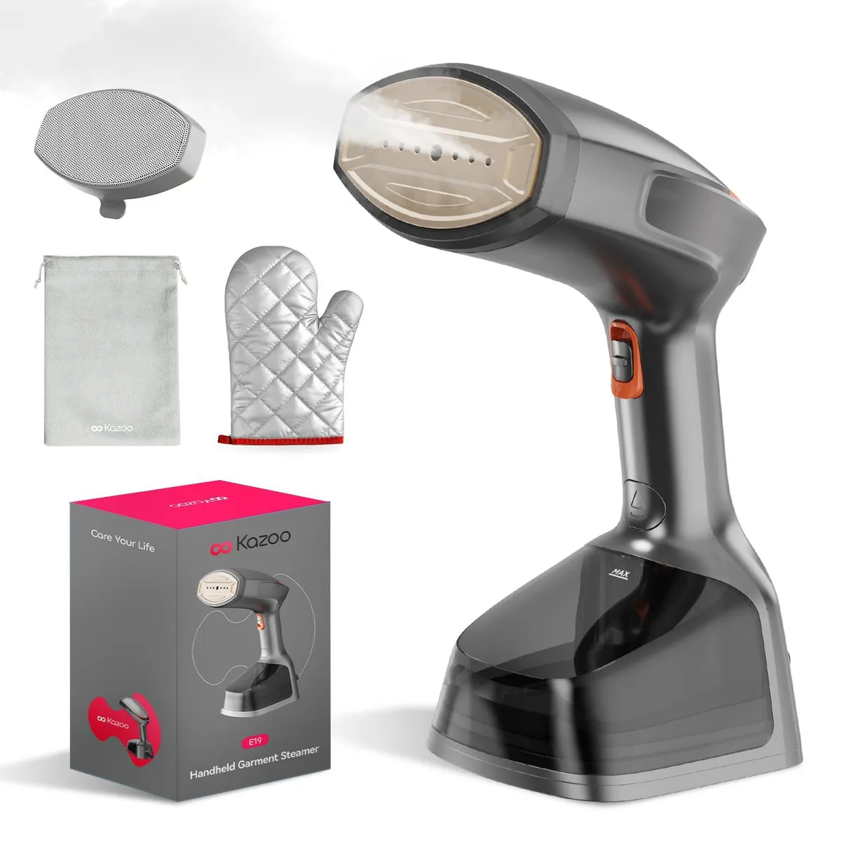 White handheld garment steamer with detachable water tank and LED display
