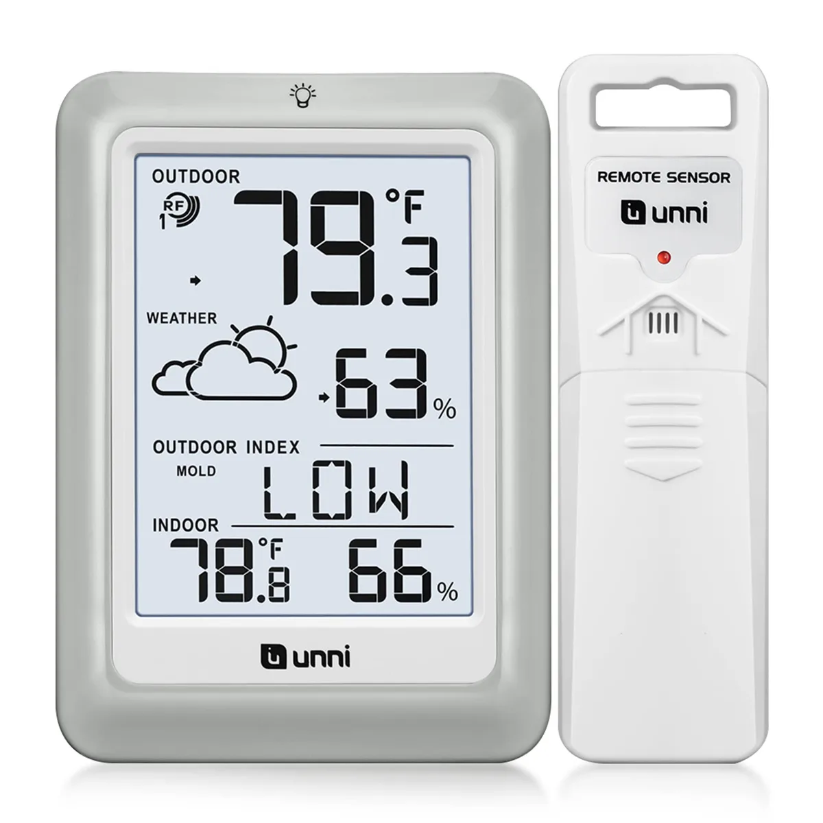 White wireless thermometer hygrometer with remote sensor and backlit display