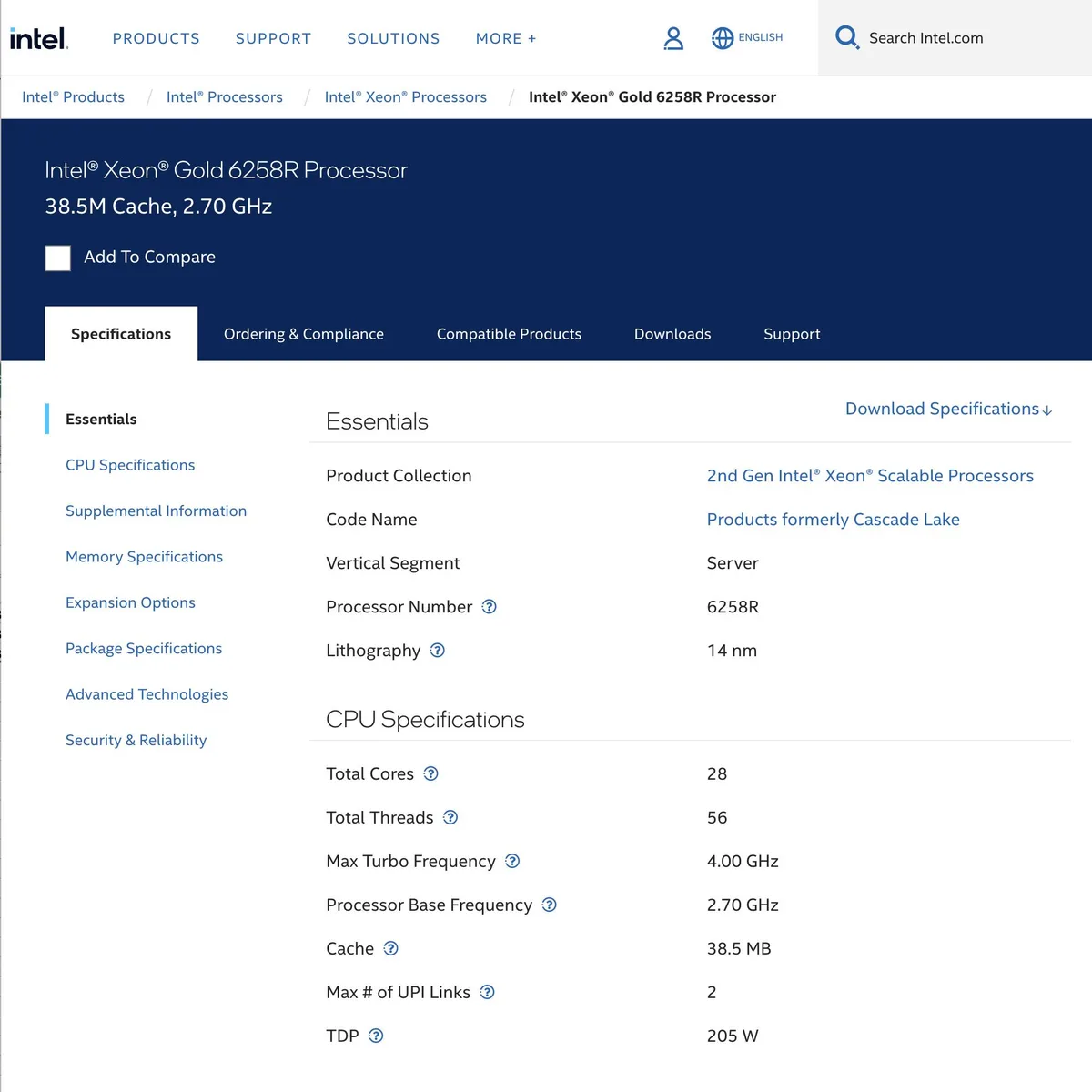 Intel Intel Xeon Gold 6258R SRGZF 2.70 GHz 28-core server processor — product photo