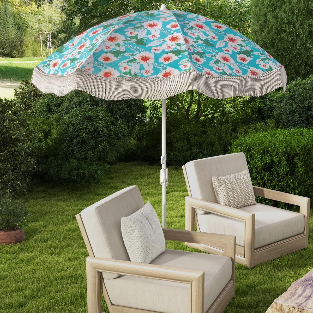 Green 6.5 ft beach umbrella with fringe trim, push-button tilt, silver-coated canopy and carrying bag