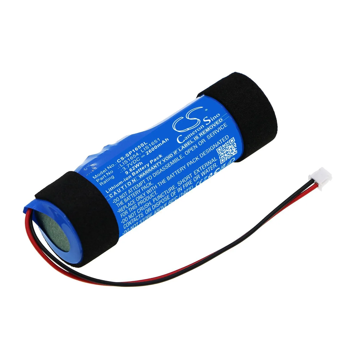 Small rectangular battery pack with label, two wire leads and connector