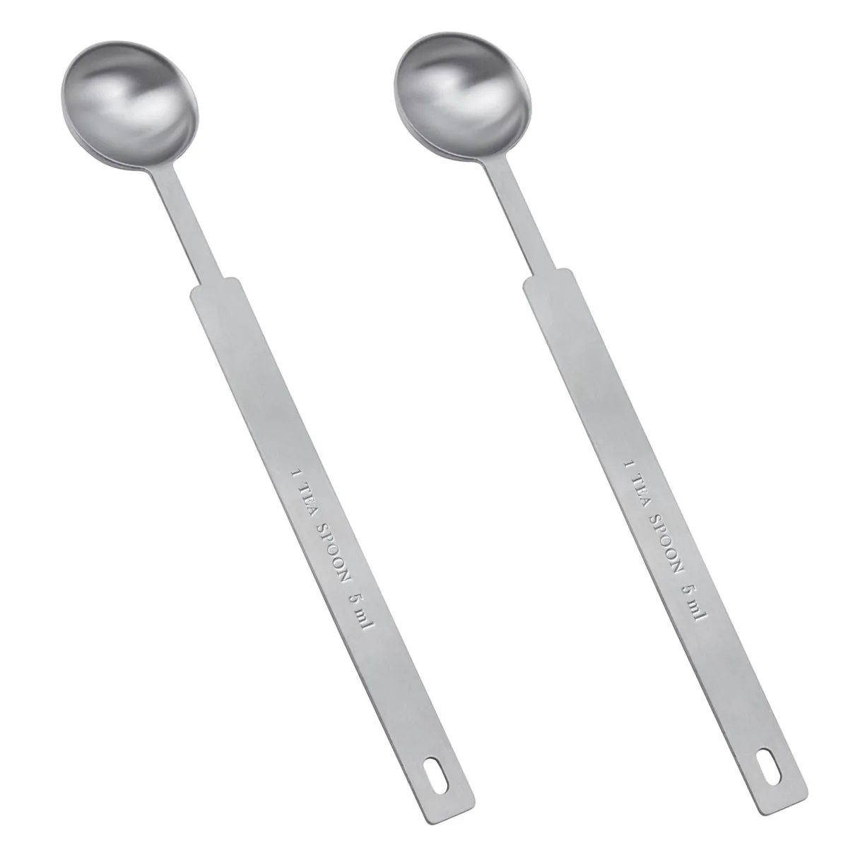 Two stainless steel teaspoon measures with long handles and hanging holes