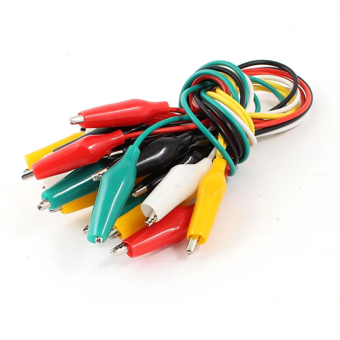 Ten double-ended alligator clip test leads 30cm long in assorted colours