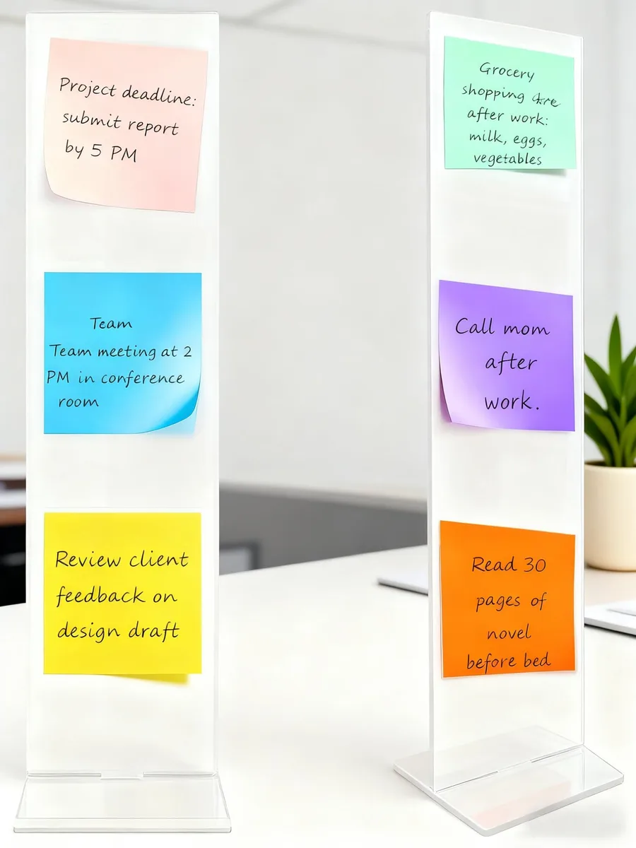 Two clear acrylic memo boards 2.5 by 3.1 by 12.9 inches on a desk