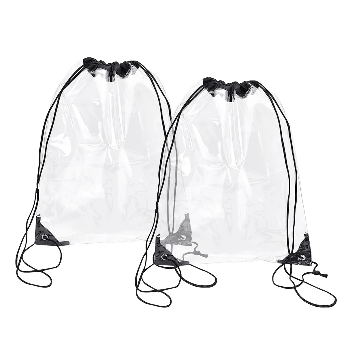 Two clear PVC drawstring backpacks, 13.5 by 17 inches, lightweight transparent finish