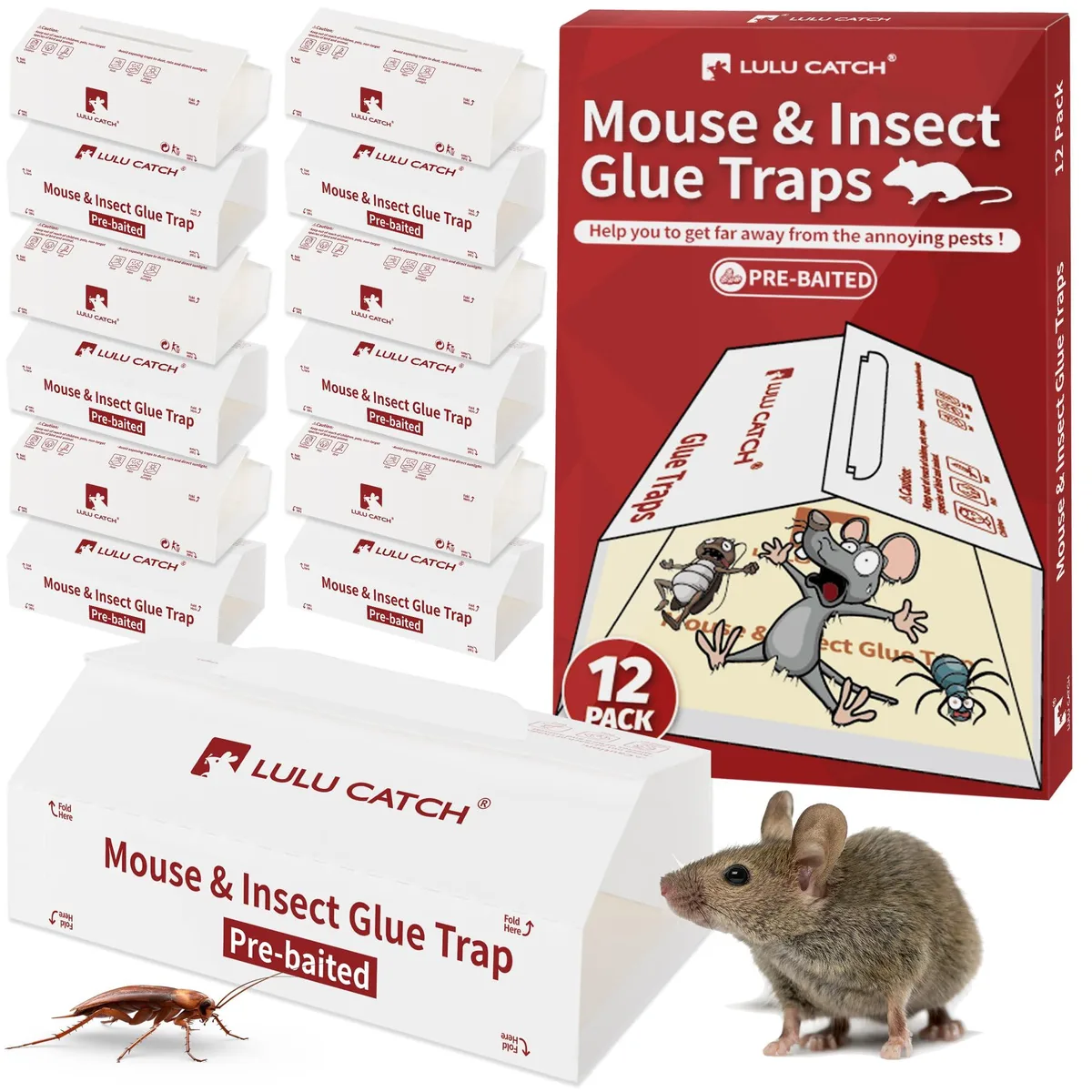 Twelve flat cardboard sticky traps with peanut butter scent, folded into tent shapes on a surface
