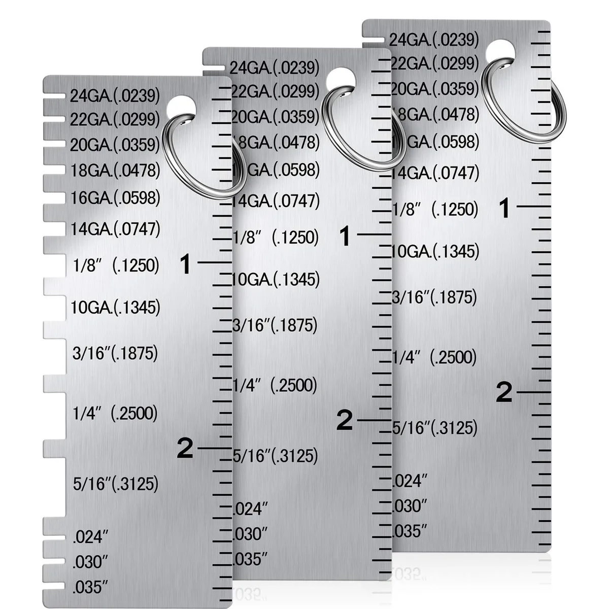 Three stainless steel sheet thickness gauges, 1.0 by 2.8 inches