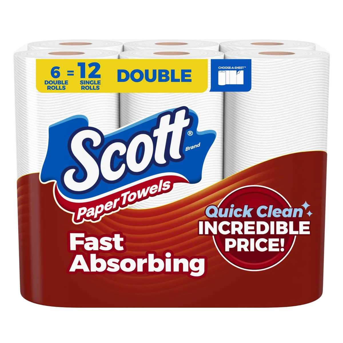 Pack of six double rolls of paper towels, 108 sheets per roll