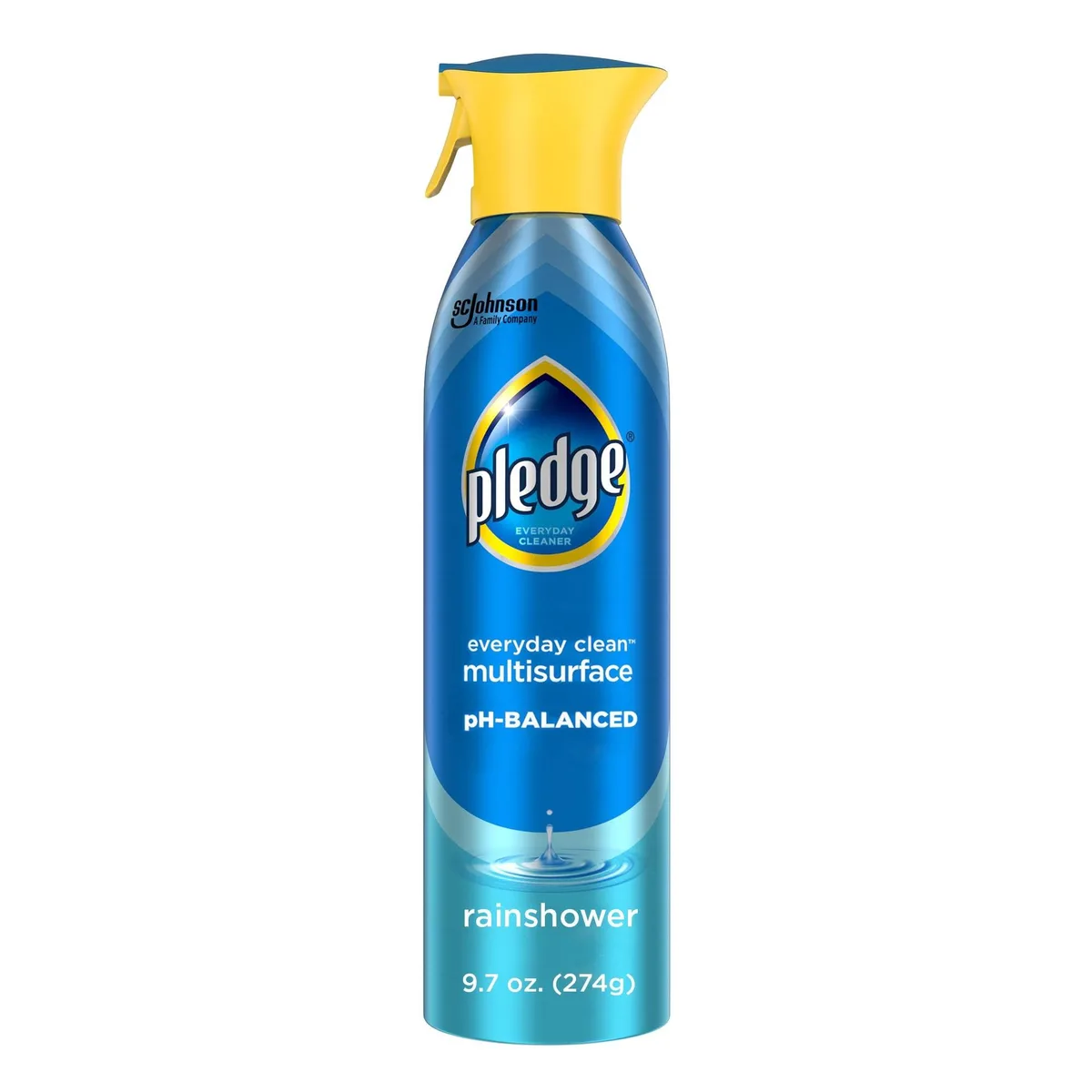 White 9.7 oz aerosol can labelled Metra Pledge Rainshower scent