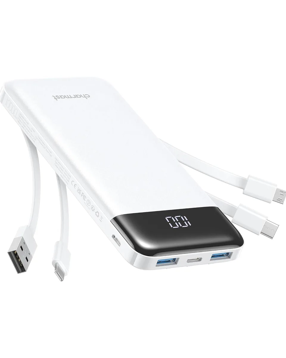  charmast W1148 power bank 10000mAh White 4 built-in cables — product photo