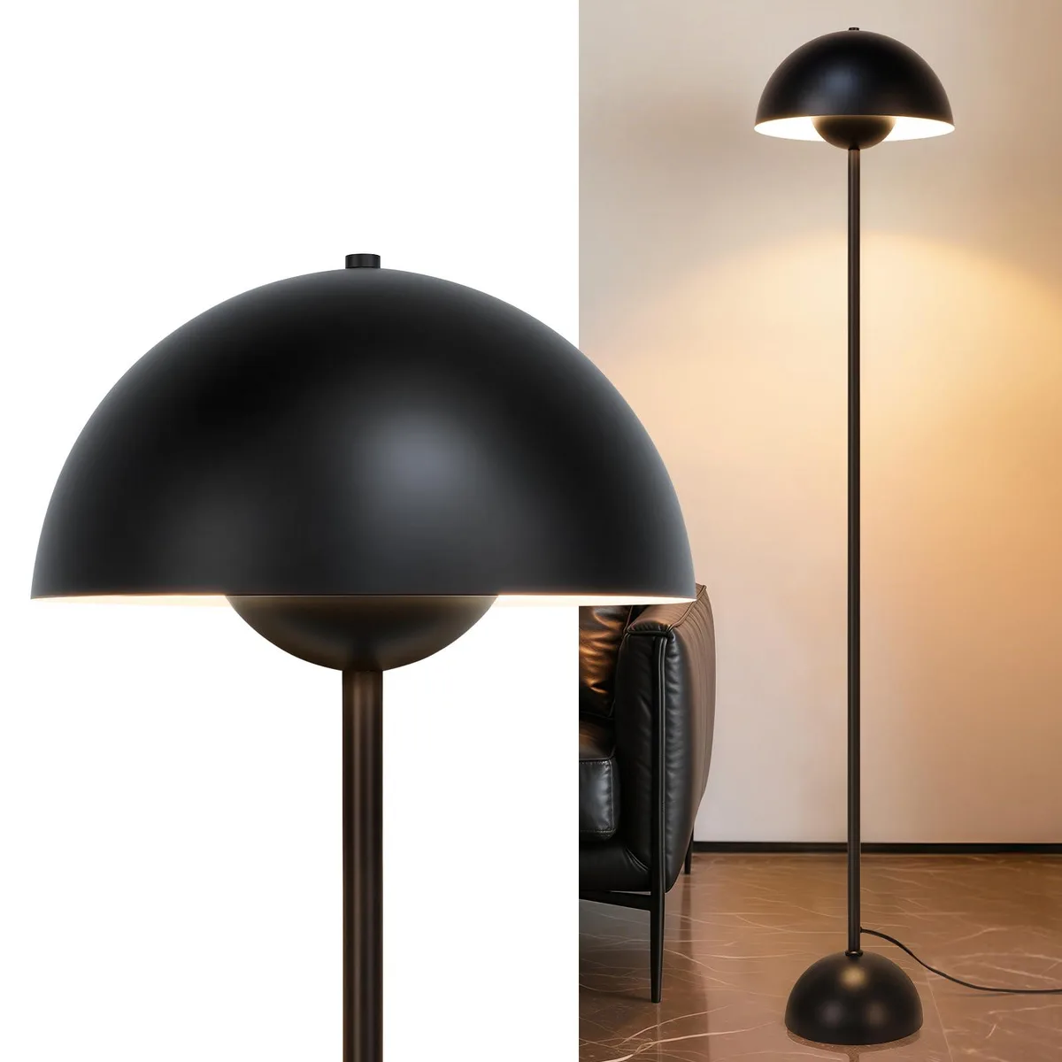 Tall black floor lamp with downward bowl shade, 66 inches high