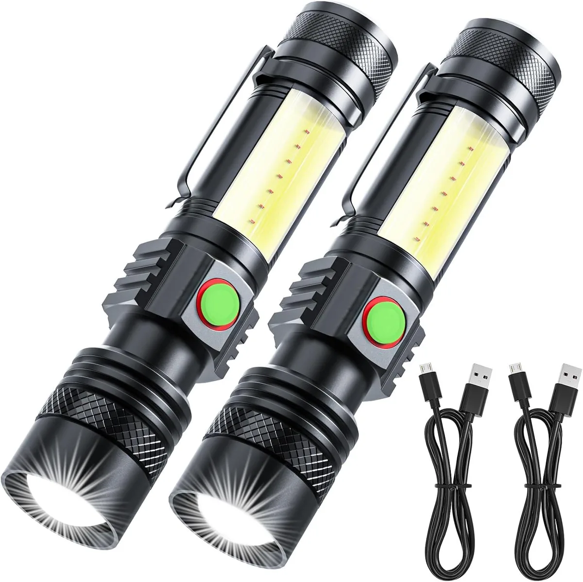 Compact black cylindrical flashlight with magnetic base and COB side light panel