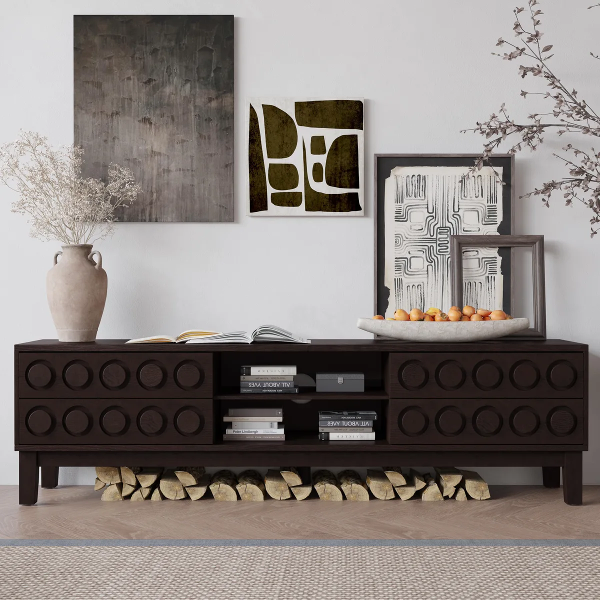 tuphen tuphen Modern Mid-Century Media Console Dark Brown 4 Drawers Cable Management 75" TV Stand — product photo
