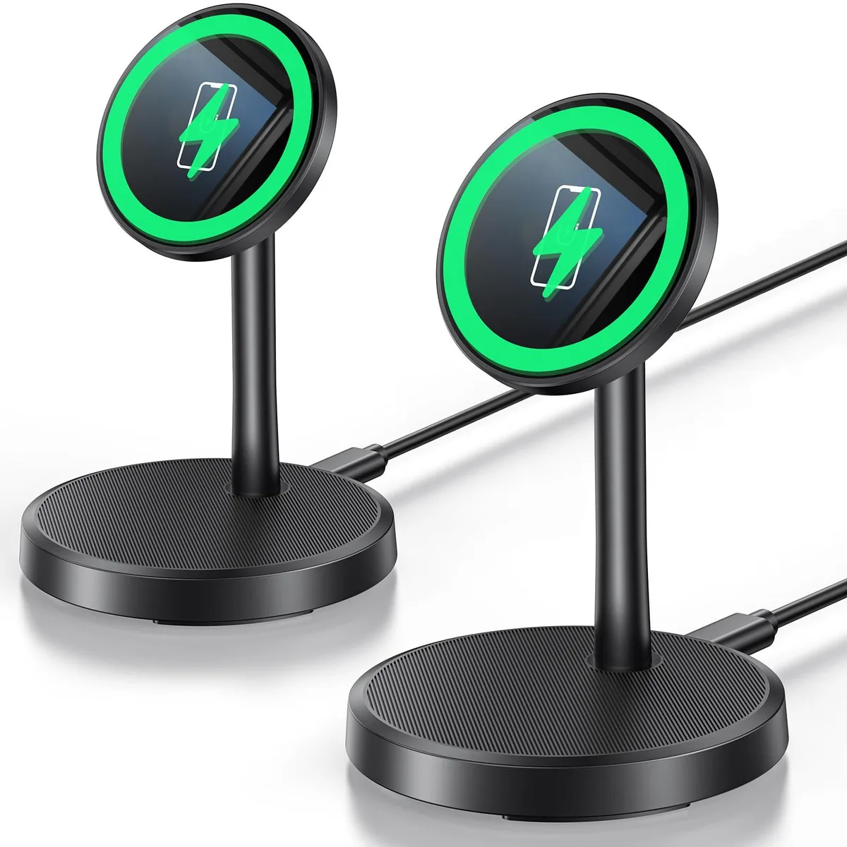 Two black magnetic wireless charger stands side by side
