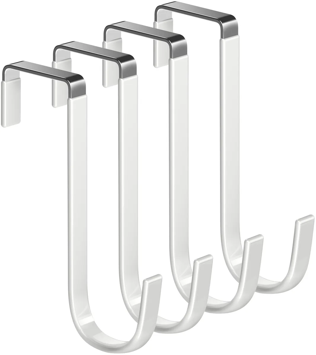 Four white steel over-door hooks with rubber coating, 5.5 inch length, thin profile
