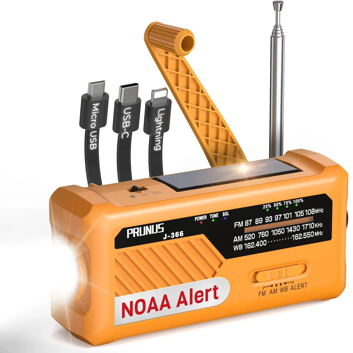  PRUNUS J-366 Emergency Radio 7400mWh 5-Way Power 3-in-1 Cable — product photo