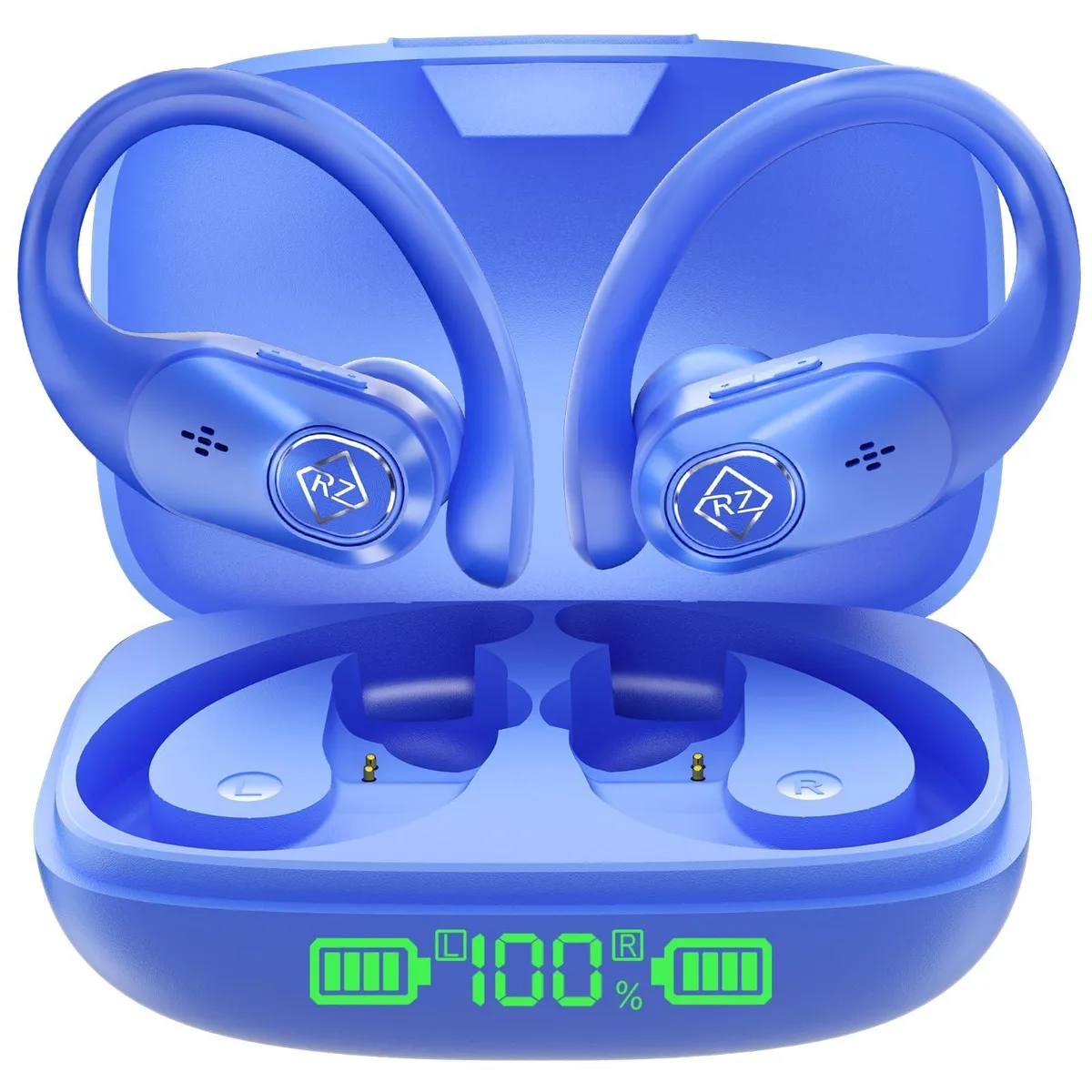 Blue wireless earbuds with ear hooks and LED charging case