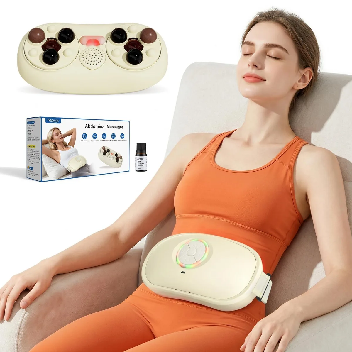 Yellow electric abdominal massager with adjustable waist strap, rectangular shape, light yellow ABS plastic housing
