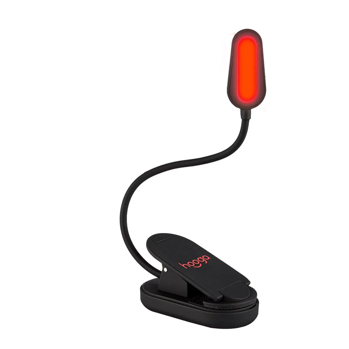 Compact red clip-on book light with flexible 360-degree gooseneck and rechargeable battery