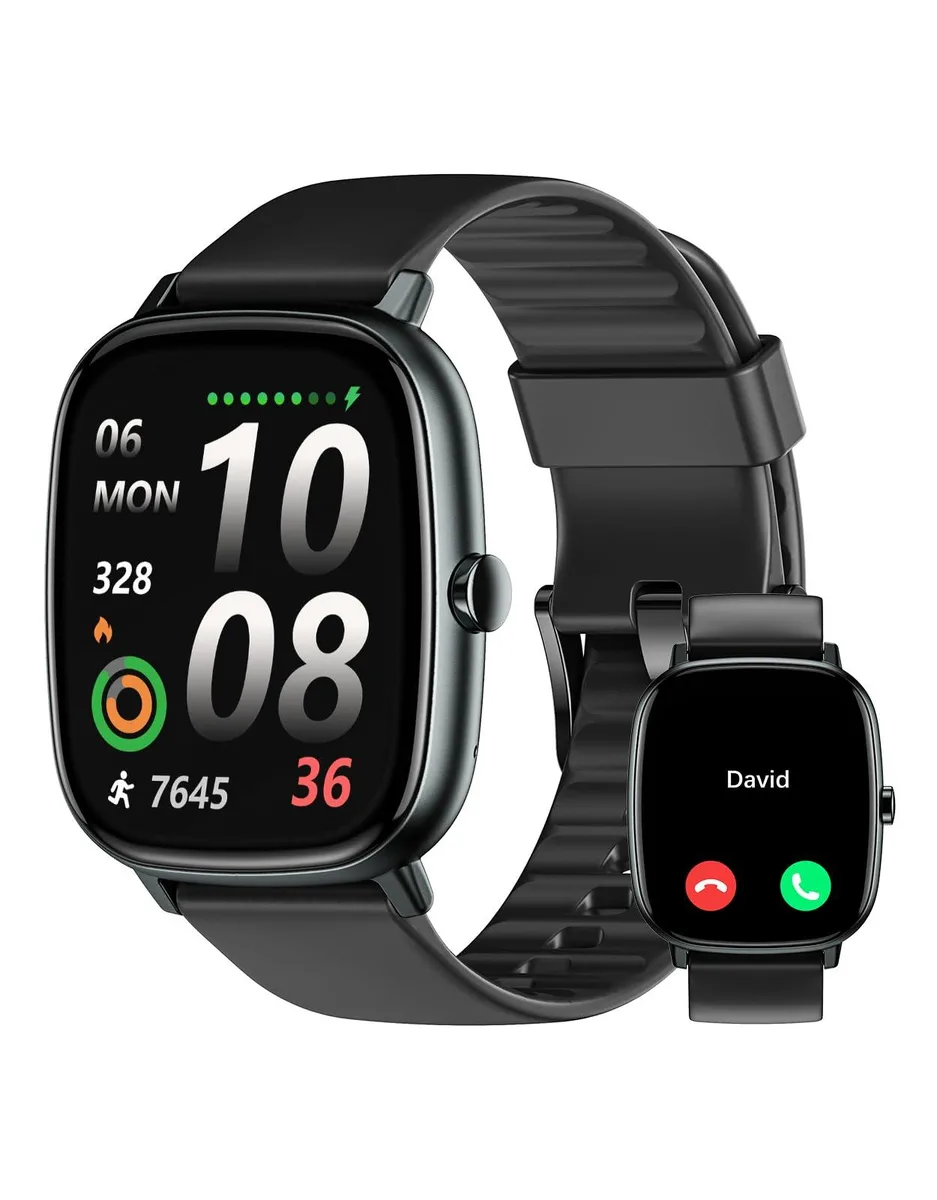 Black smartwatch with 1.95 inch LCD touchscreen and square case
